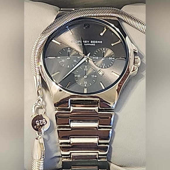 Geoffrey Beene Blue Sapphire Chronograph Bracelet Watch 42mm Silver Bundled - Picture 6 of 8